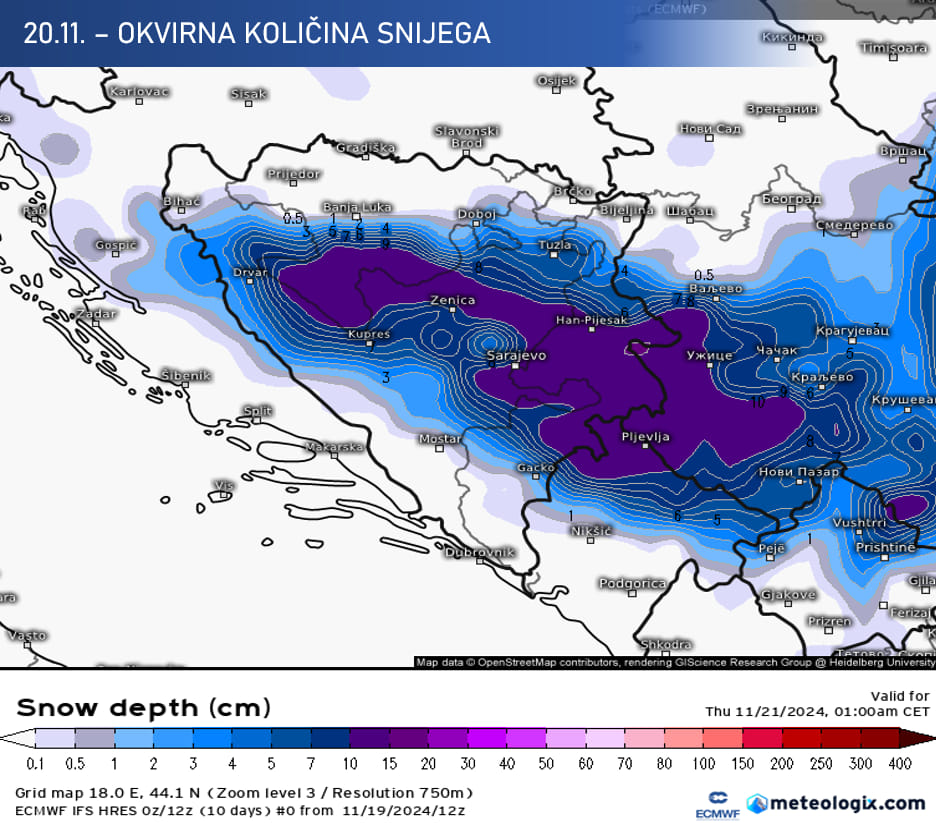 Evo gdje će najviše padati snijeg u BiH